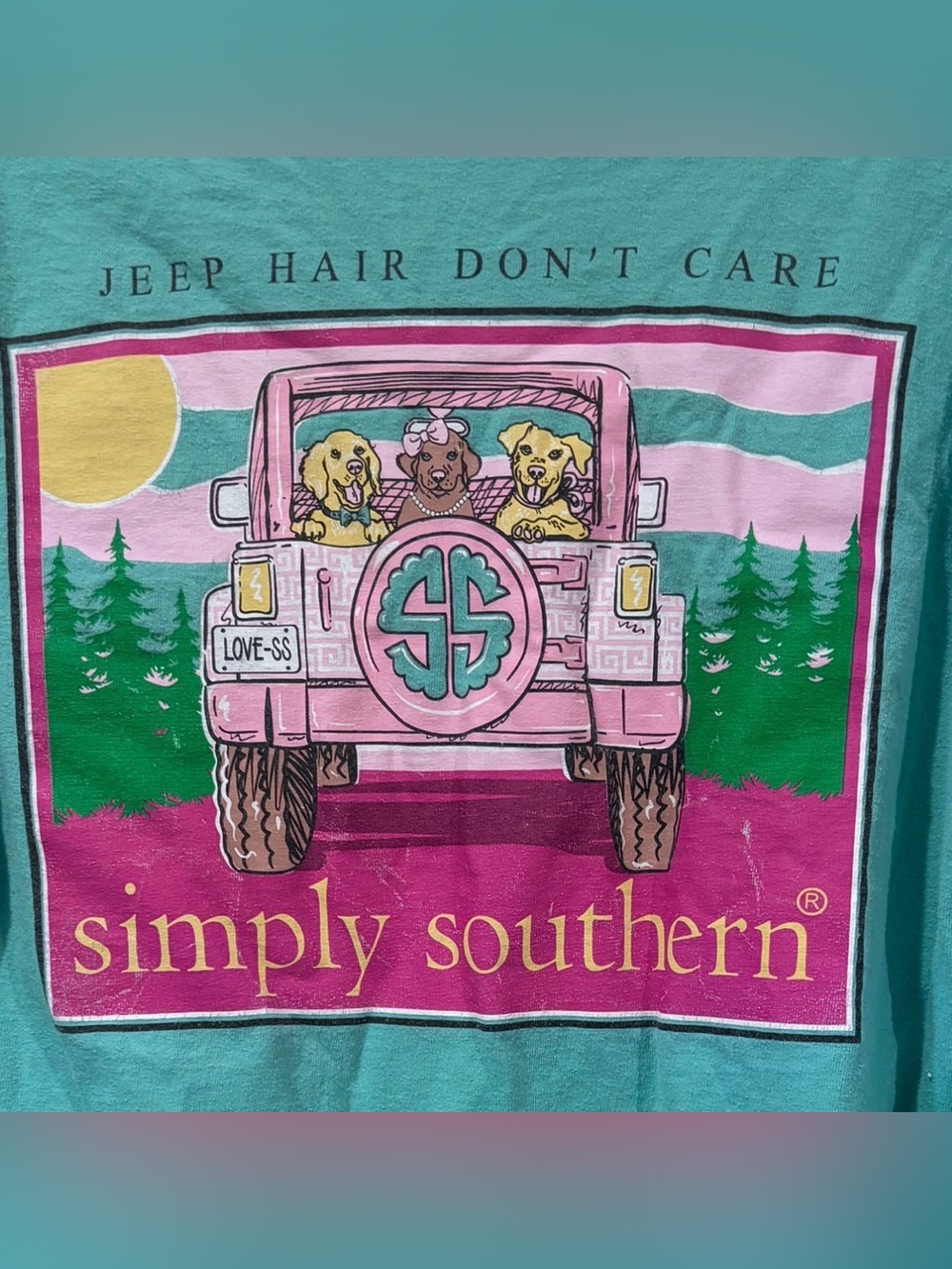 Simply Southern Shirt Womens Medium Teal Long Sleeve Jeep Hair Dog Graphic